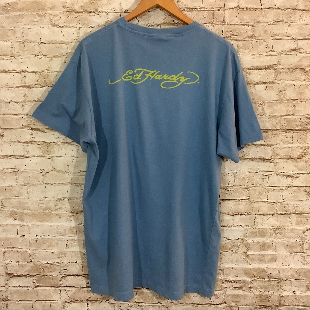 Christian Audigier Ed Hardy Light Blue Tee with Parrot Graphic Y2K Vintage 4XL - Picture 3 of 5